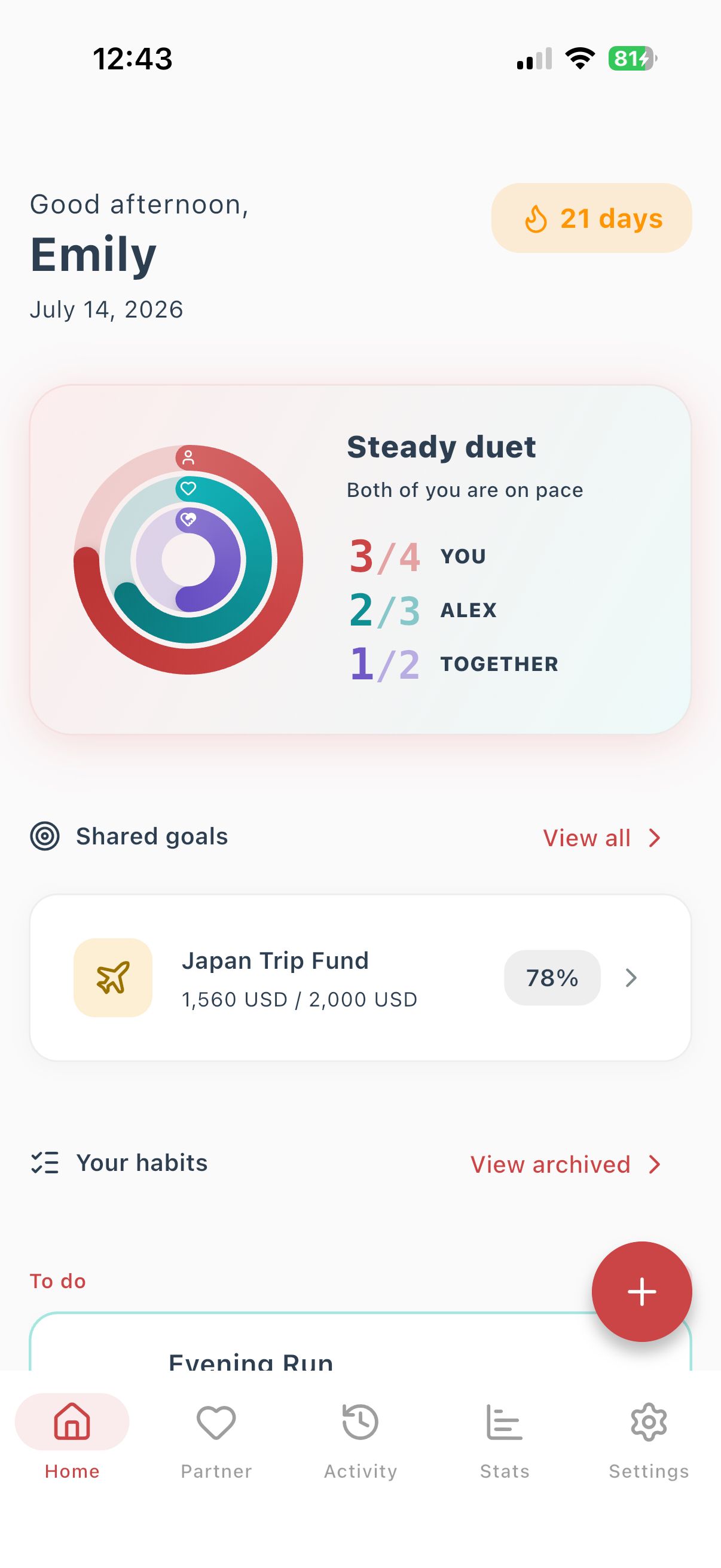 Better Us home screen showing a couple's shared daily habits and check-in streak