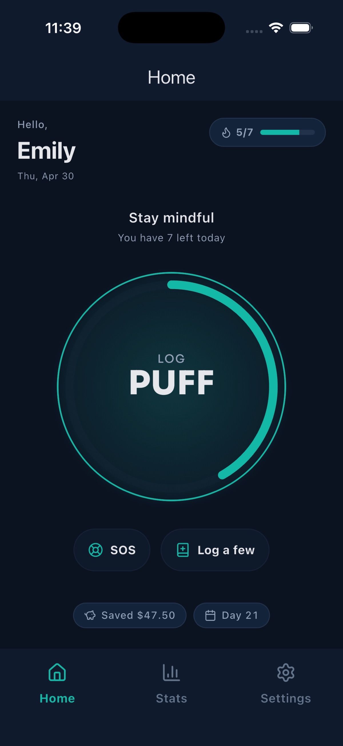 Less Puffs home screen with puff count, money saved, and time since last vape